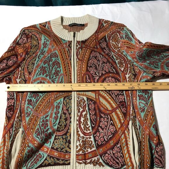 Peruvian Connection full zip turquoise rust print pima cotton cardigan womens L - Picture 6 of 11